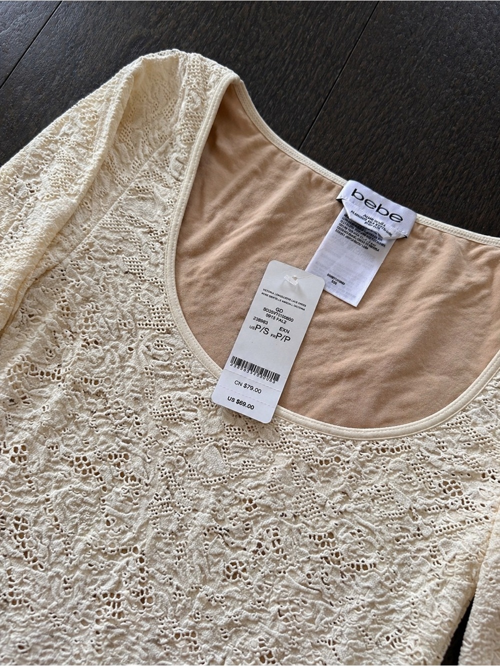 NWT Bebe Victoria Lace Bodycon Dress Ivory Long Sleeve Mini Small